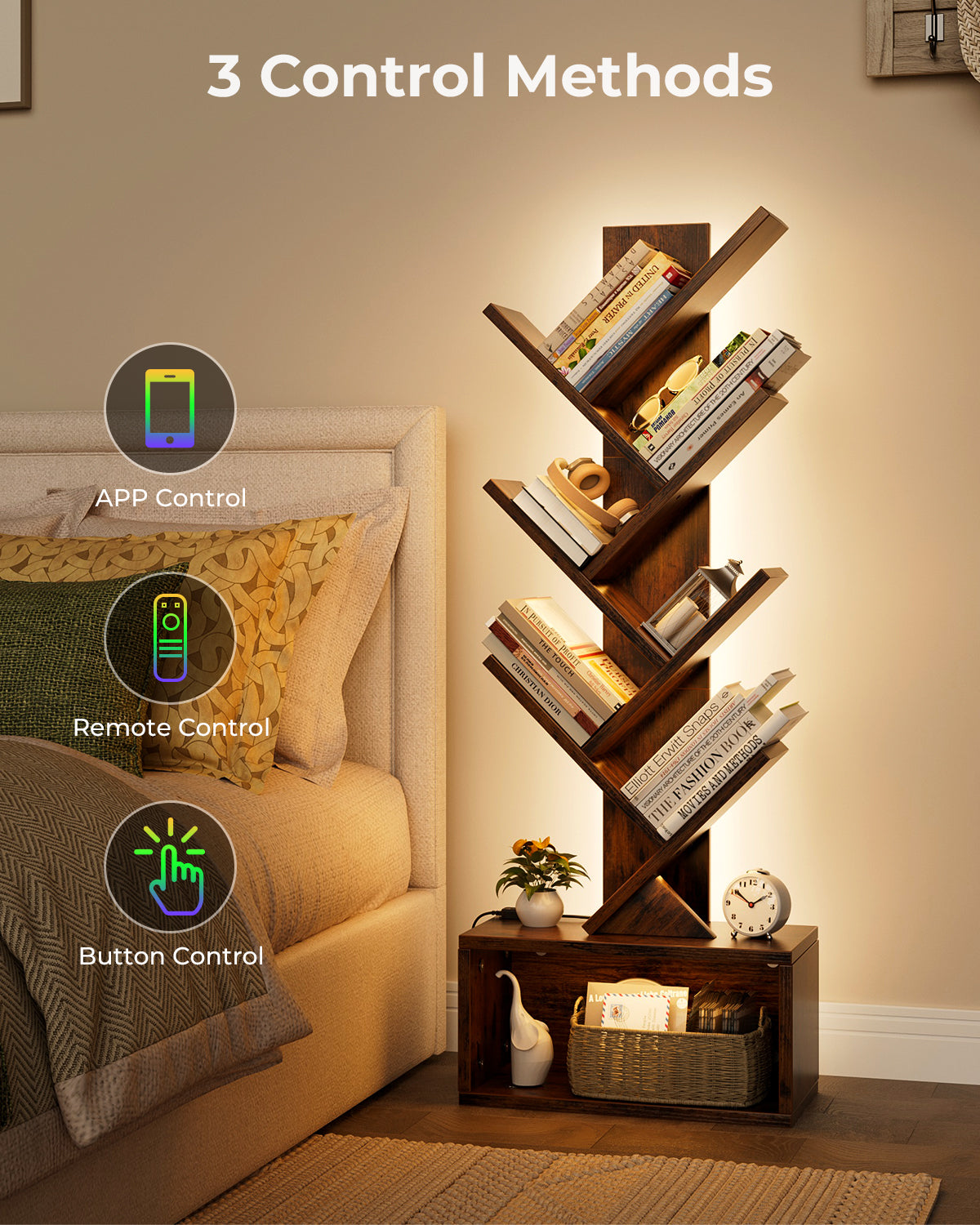 Evermagin 6 Tier Tree Bookshelf with Lights, LED Book Tree Bookcase with Storage Organizer, Small Corner Bookshelf Floor Standing Book Shelf for Living Room, Bedroom & Home Office