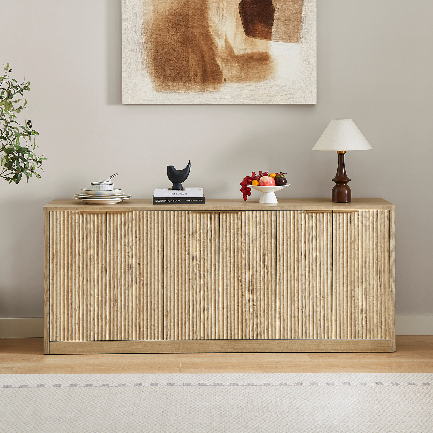 67" Oak Fluted TV Stand for TVs up to 75", Mid-Century Modern Entertainment Center with Storage Cabinets and 6 Doors, Wood Media TV Consoles for Living Room and Bedroom
