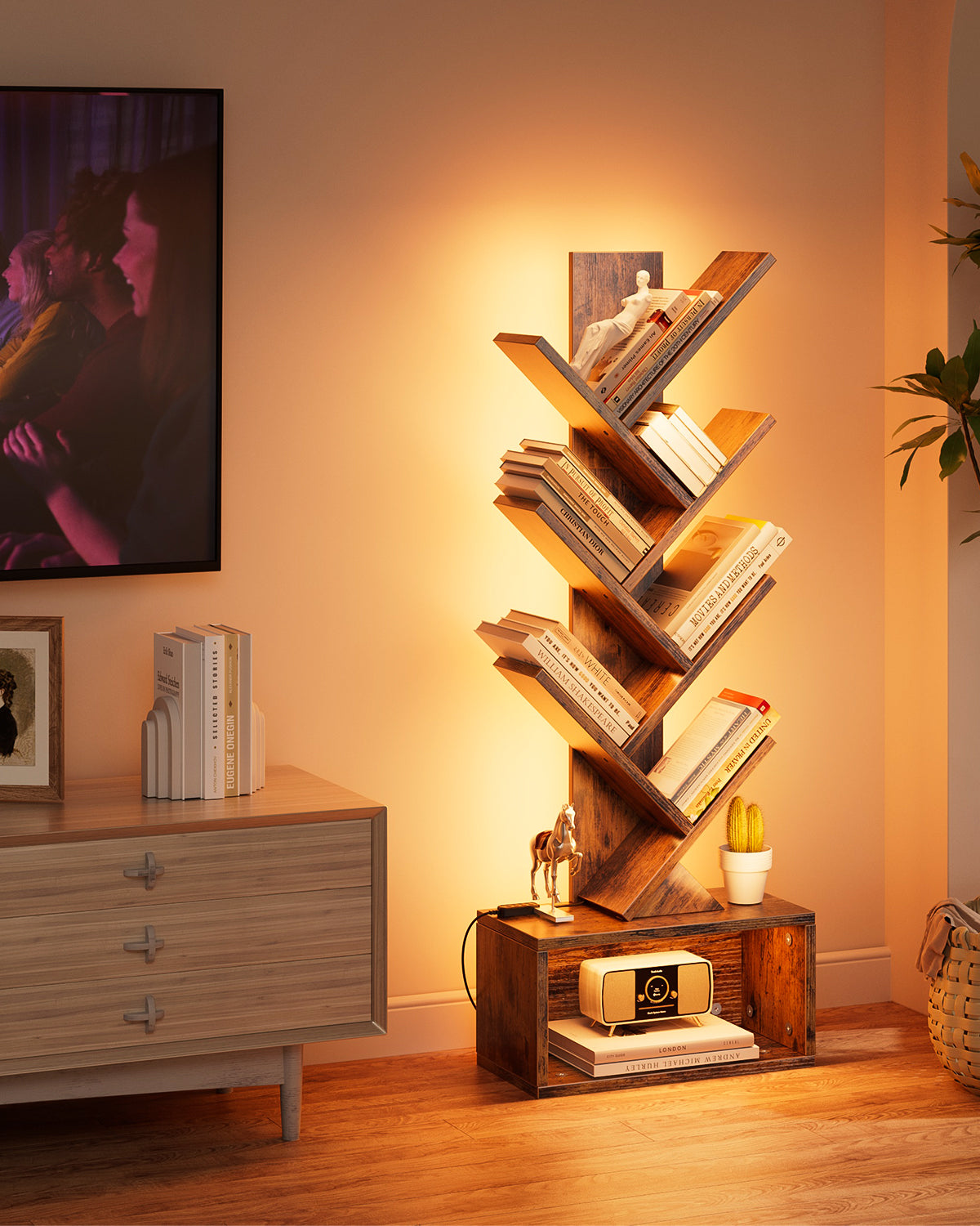 Evermagin 6 Tier Tree Bookshelf with Lights, LED Book Tree Bookcase with Storage Organizer, Small Corner Bookshelf Floor Standing Book Shelf for Living Room, Bedroom & Home Office