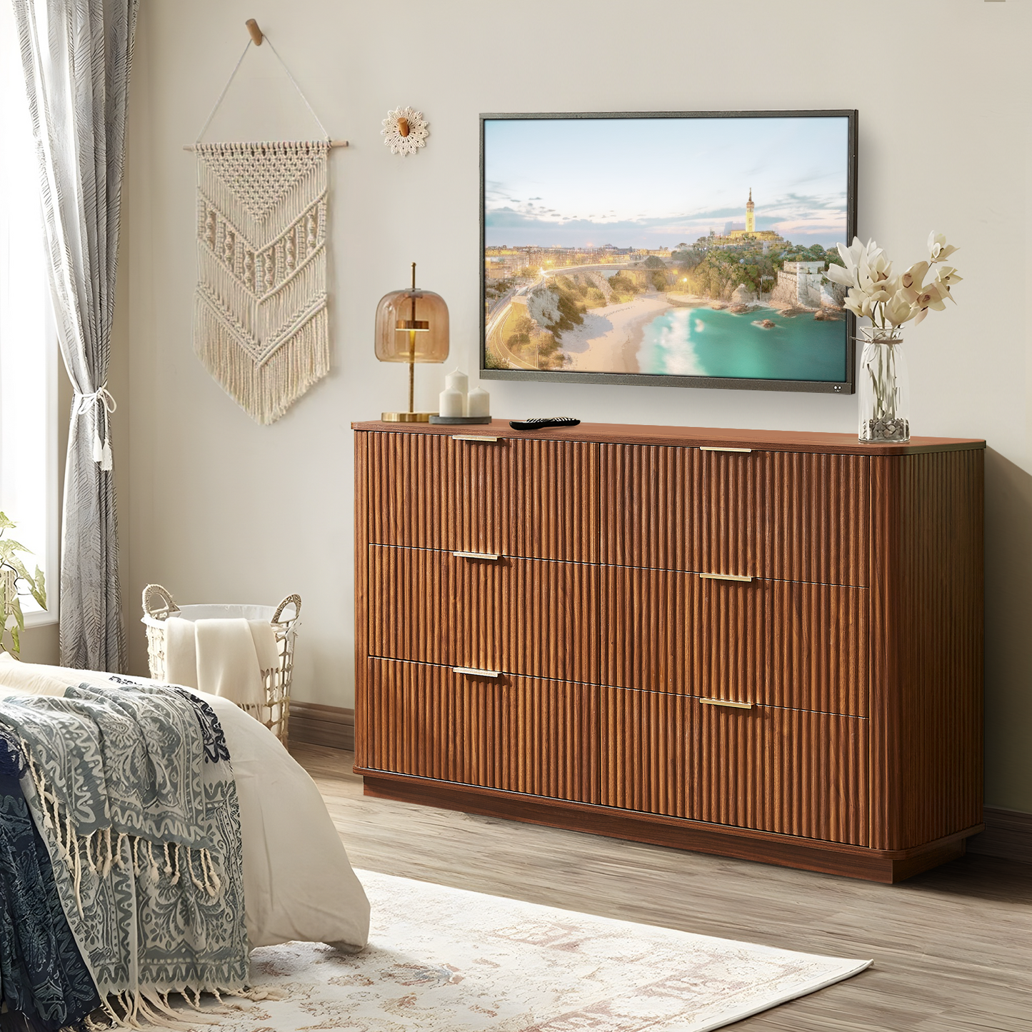 55" Walnut Fluted Dresser with 6 Drawers for Bedroom, Long Dresser TV Stand with Metal Handle, Wooden Modern Chest of Drawers with Curved Profile Design Organizer for Living Room and Hallway