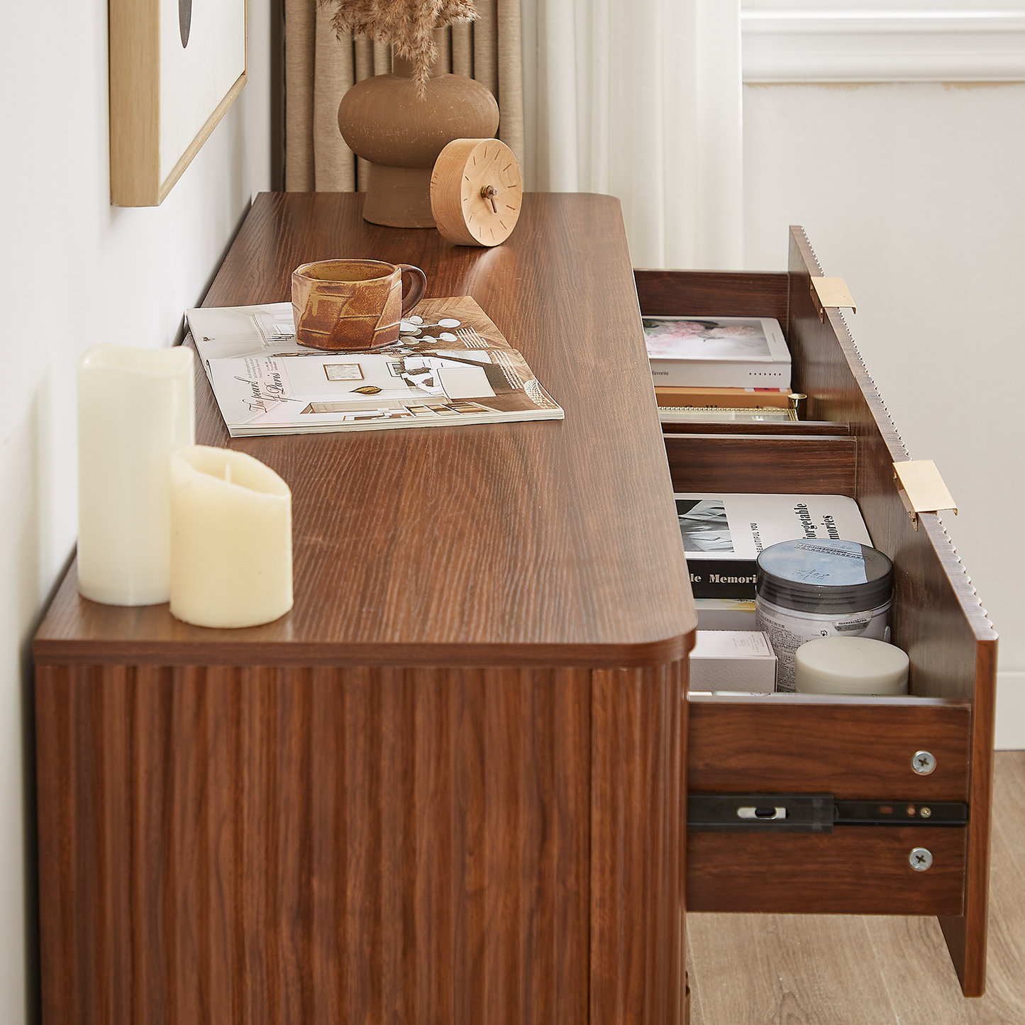 55" Walnut Fluted Dresser with 6 Drawers for Bedroom, Long Dresser TV Stand with Metal Handle, Wooden Modern Chest of Drawers with Curved Profile Design Organizer for Living Room and Hallway
