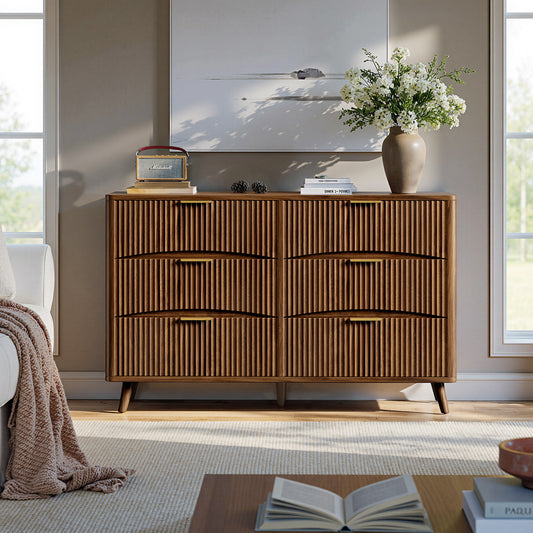 Evermagin 54" Wide Fluted 6 Drawer Dresser, Mid Century Modern Curved Dresser, Light Wood Chest of Drawers for Bedroom, Living Room and Entryway, Walnut