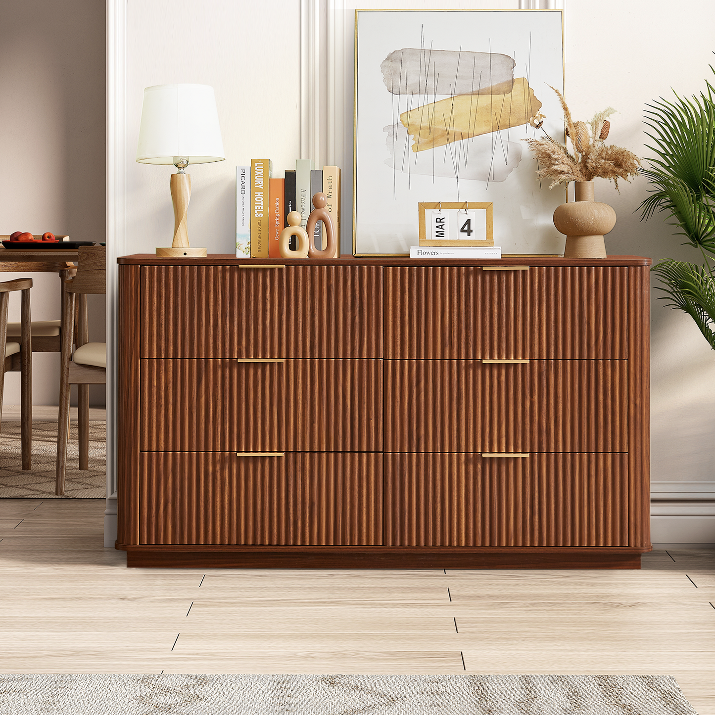 55" Walnut Fluted Dresser with 6 Drawers for Bedroom, Long Dresser TV Stand with Metal Handle, Wooden Modern Chest of Drawers with Curved Profile Design Organizer for Living Room and Hallway