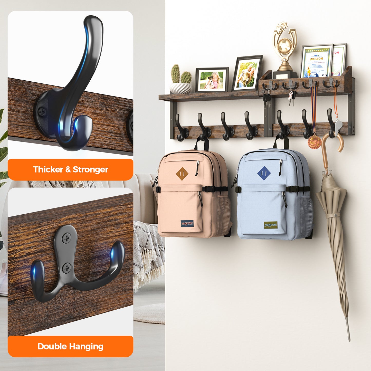 Evermagin 29" Coat Rack Wall Mount with Shelf, 4 in 1 Coat and Key Hanger with 11 Metal Hooks, Entryway Wall Mounted Shelf with Mail Holder for Living Room, Bedroom