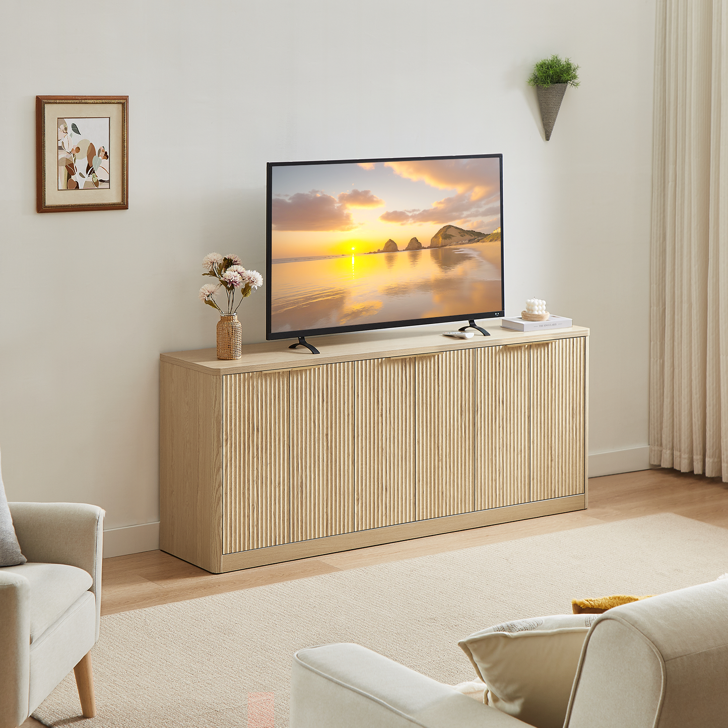 67" Oak Fluted TV Stand for TVs up to 75", Mid-Century Modern Entertainment Center with Storage Cabinets and 6 Doors, Wood Media TV Consoles for Living Room and Bedroom