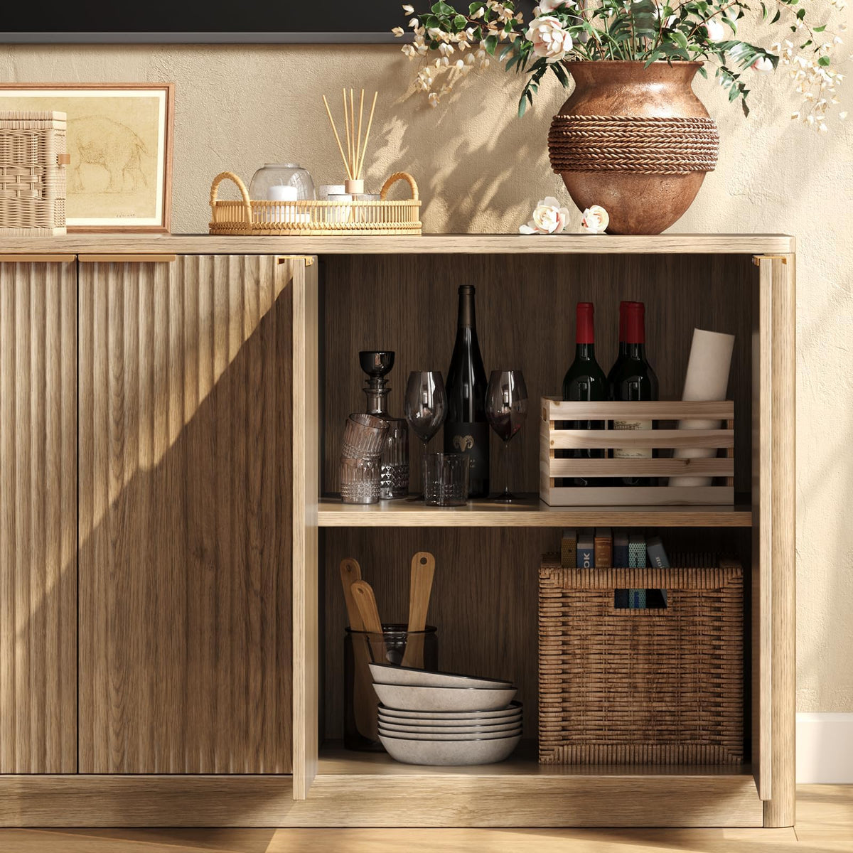 Evermagin 67" Fluted Oak Buffet Cabinet with Storage, Mid-century modern wood sideboard, large credenza with 6 doors for kitchen or living room, 67"W x 31.5"H x 15.7"D