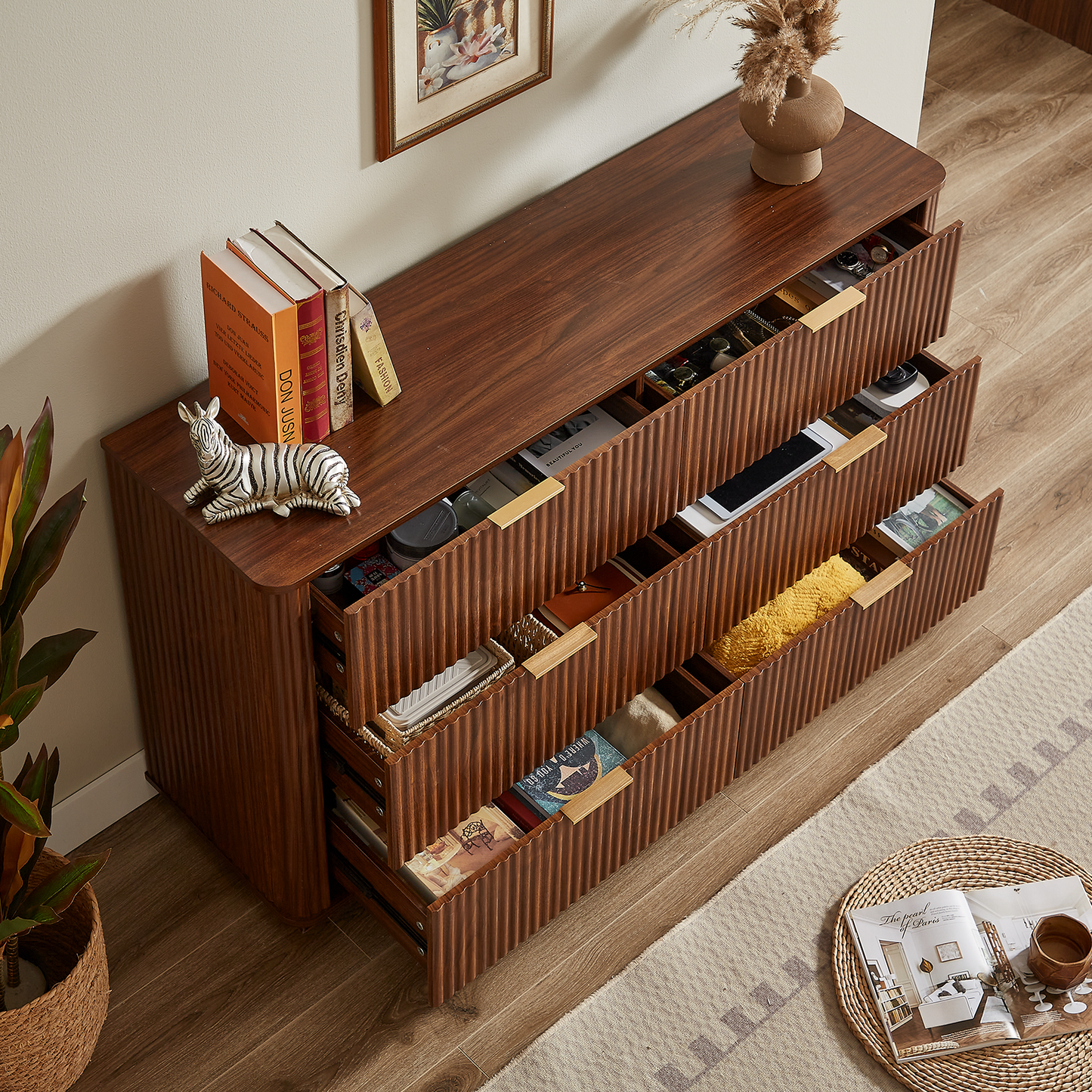 55" Walnut Fluted Dresser with 6 Drawers for Bedroom, Long Dresser TV Stand with Metal Handle, Wooden Modern Chest of Drawers with Curved Profile Design Organizer for Living Room and Hallway
