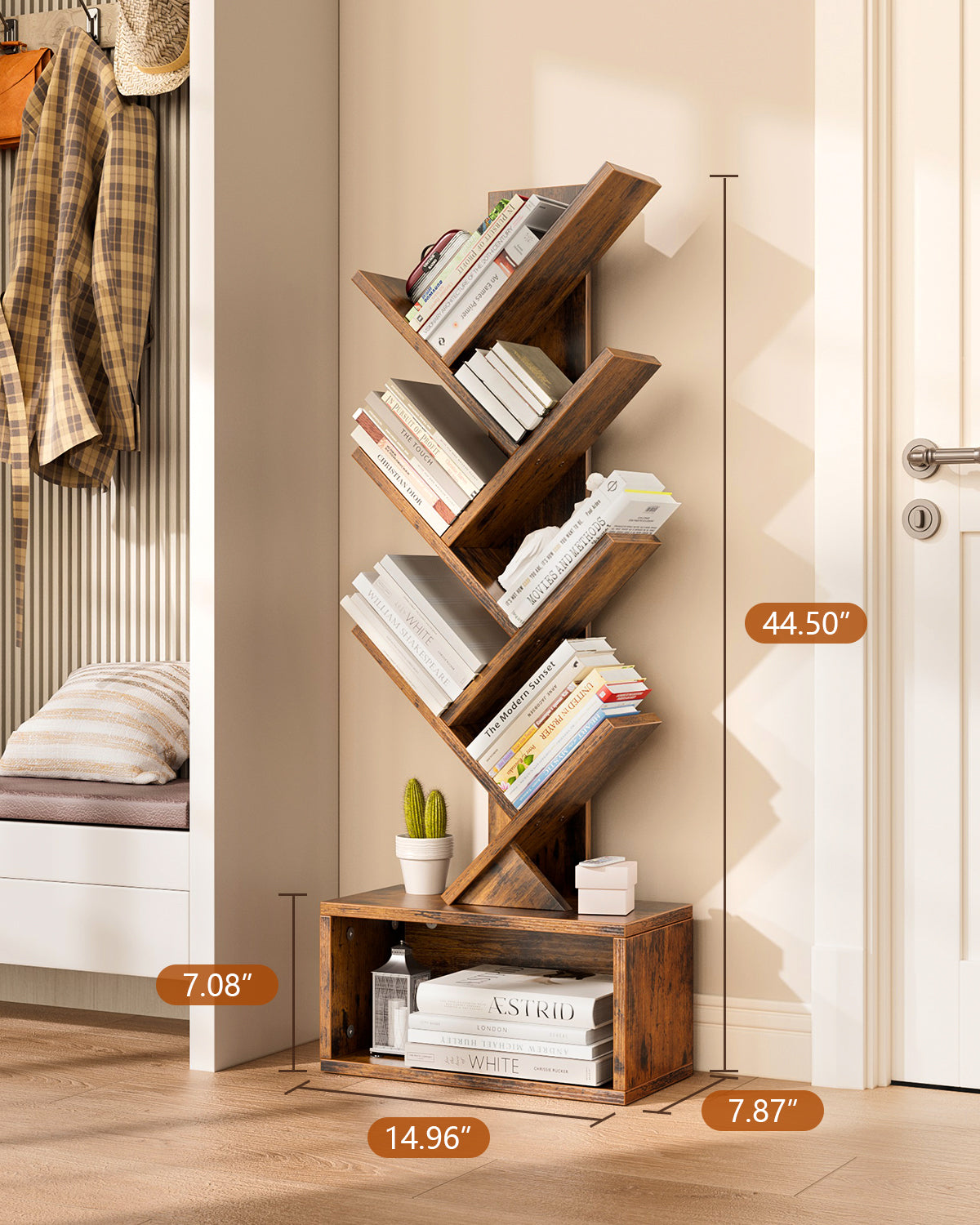 Evermagin 6 Tier Tree Bookshelf with Lights, LED Book Tree Bookcase with Storage Organizer, Small Corner Bookshelf Floor Standing Book Shelf for Living Room, Bedroom & Home Office