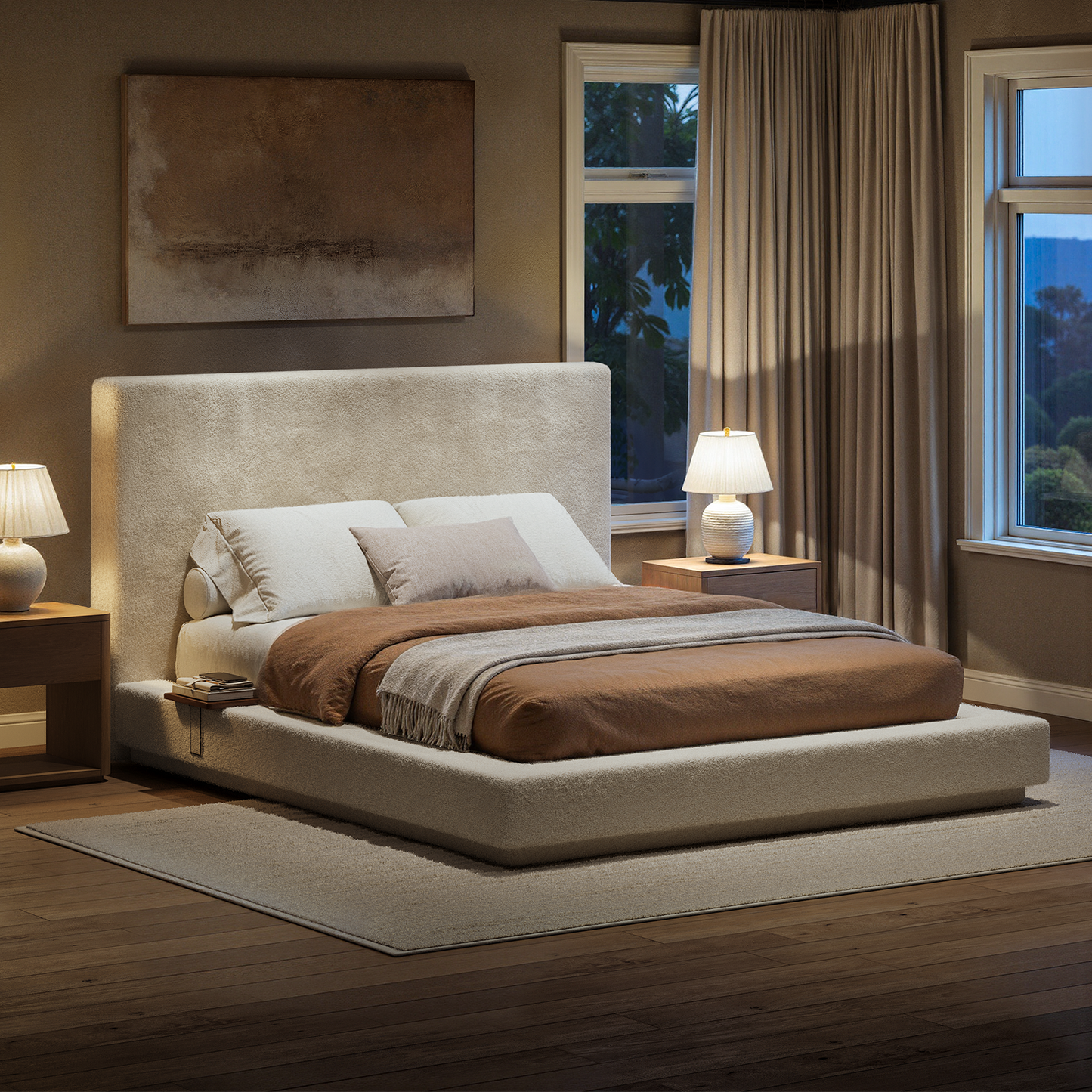 Evermagin White King Upholstered Bed Frame with Headboard,Soft Frame Cloud Bed with Adjust 2 Bedside Table,Modern Platform Cushion Bed Frame for Bedroom,No Box Spring Required, Easy Assembly