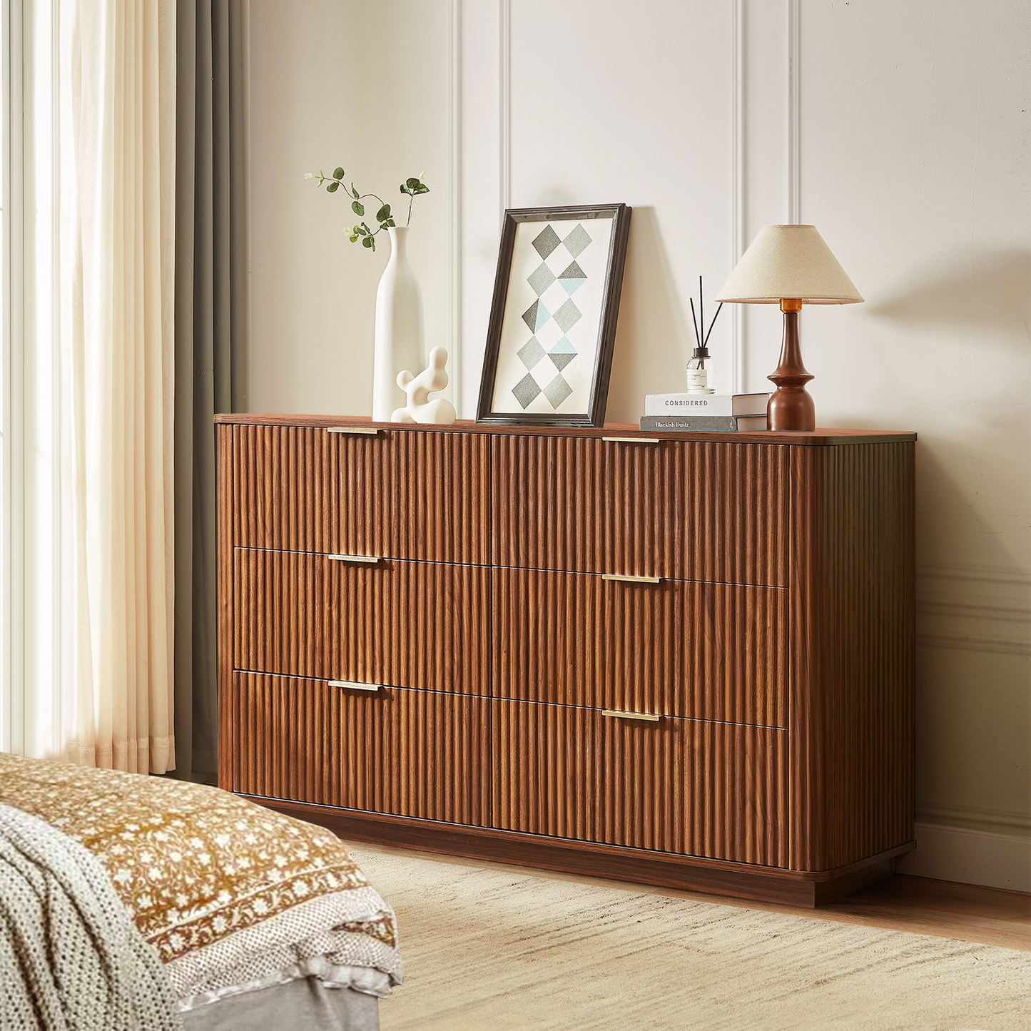 55" Walnut Fluted Dresser with 6 Drawers for Bedroom, Long Dresser TV Stand with Metal Handle, Wooden Modern Chest of Drawers with Curved Profile Design Organizer for Living Room and Hallway