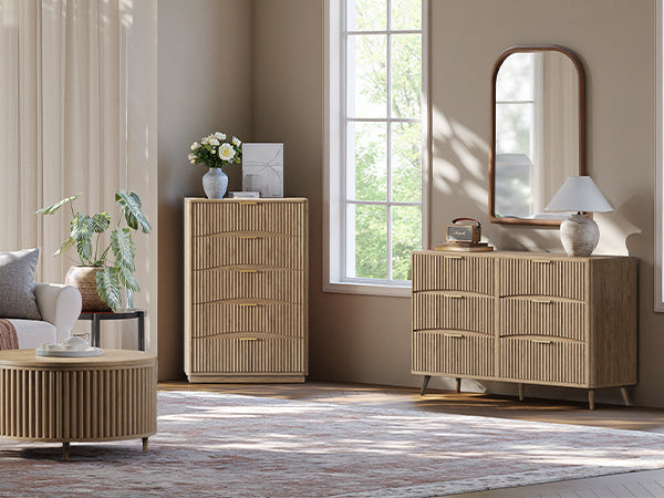 Evermagin 54" Wide Fluted 6 Drawer Dresser, Mid Century Modern Curved Dresser, Light Wood Chest of Drawers for Bedroom, Living Room and Entryway, Natural Oak
