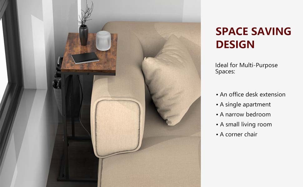 Evermagin C Shaped End Table with Charging Station, Small Side Table with Storage Bag for Couch and Recliner, Slide Under Sofa Tray for Living Room, Bedroom