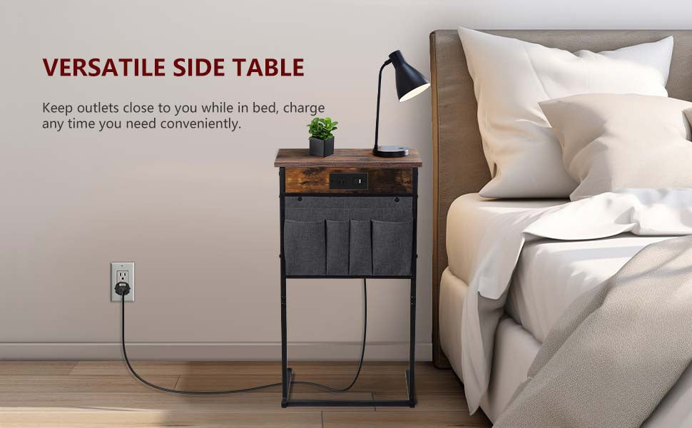 Evermagin C Shaped End Table with Charging Station, Small Side Table with Storage Bag for Couch and Recliner, Slide Under Sofa Tray for Living Room, Bedroom
