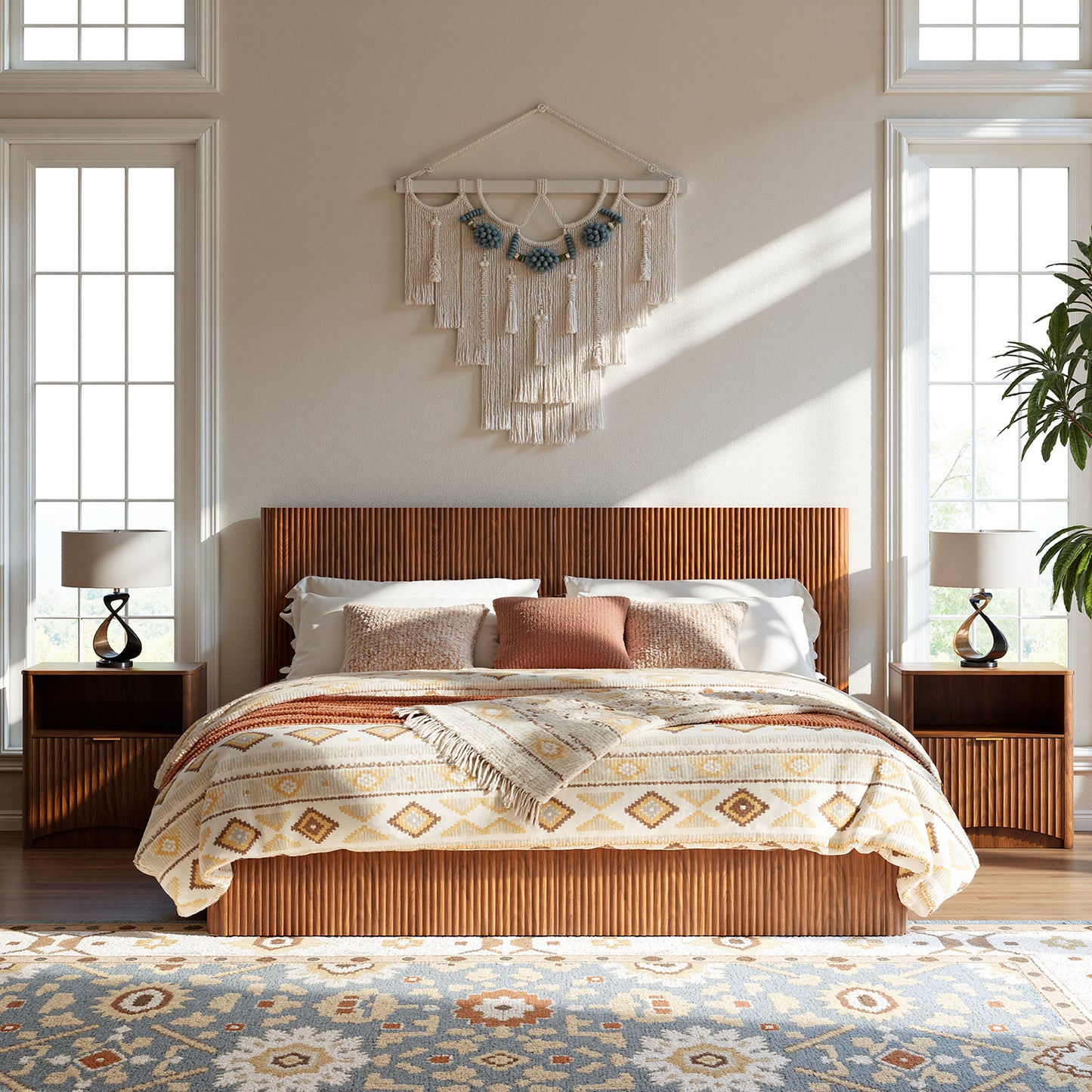 Evermagin Walnut King Lift Up Storage Bed Frame, Mid Century Modern Fluted Bed Frame, Wood Hydraulic King Size Bedframe with Headboard