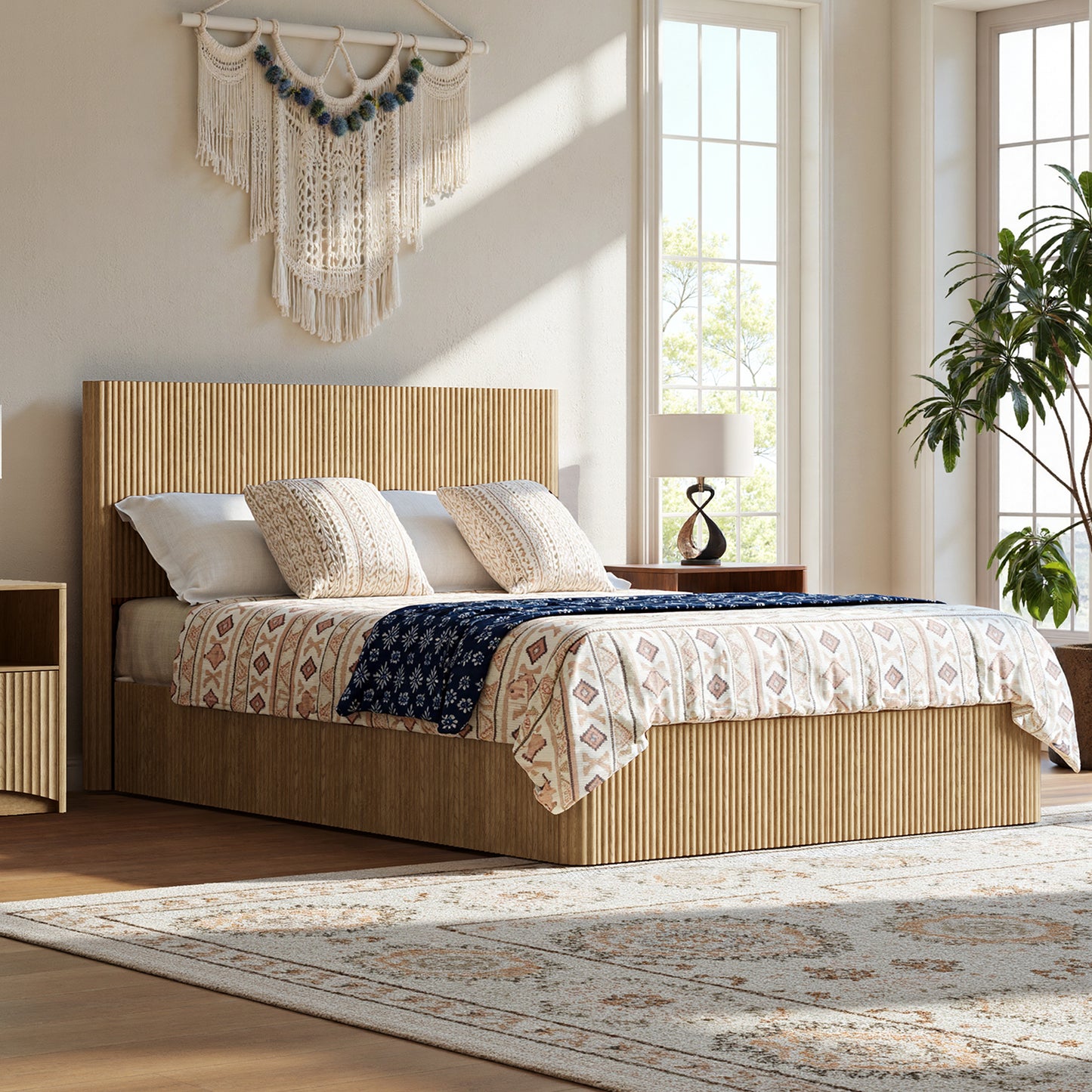 Evermagin Natural Queen Lift Up Storage Bed Frame, Mid Century Modern Fluted Bed Frame, Wood Hydraulic Queen Size Bedframe with Headboard