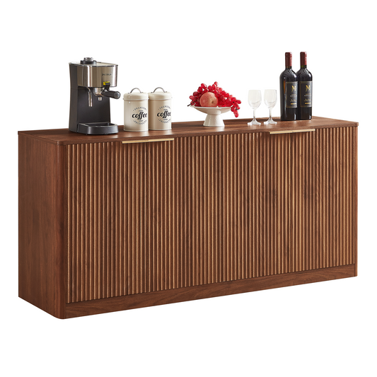 Evermagin 67" Fluted Walnut Buffet Cabinet Sideboard with Storage, Large Credenza with 6 Doors, Wood Mid Century Modern Sideboard for Kitchen and Living Room