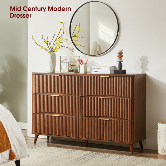 55" Wide Fluted 6 Drawer Dresser, Mid Century Modern Curved Dresser, Light Wood Chest of Drawers for Bedroom, Living Room and Entryway, Walnut