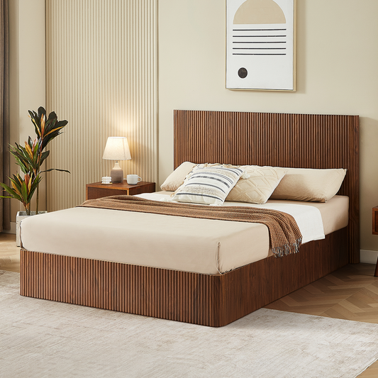 Walnut Queen Floating Bed Frame with led Lights, Mid Century Modern Fluted Floating Platform Bed No Headboard, Heavy Duty Metal Float Bedframe No Box Spring Needed