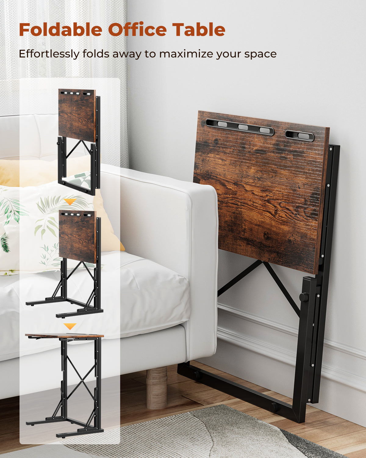 Folding TV Tray, Small Foldable C-Shaped End Table for Eating with Tablet and Phone Slots, Slide Under Couch Side Table for Recliner, Living Room, Bedroom, Rustic Brown