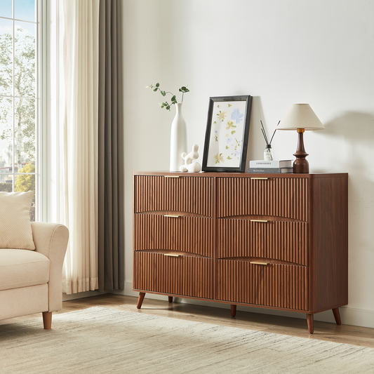 55" Wide Fluted 6 Drawer Dresser, Mid Century Modern Curved Dresser, Light Wood Chest of Drawers for Bedroom, Living Room and Entryway, Walnut