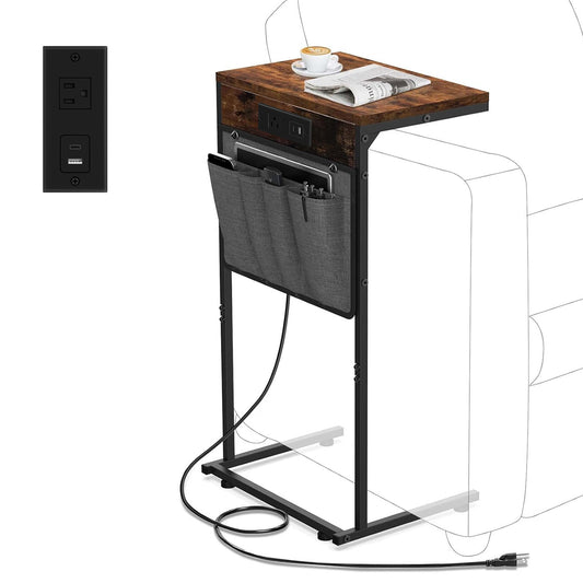 Evermagin C Shaped End Table with Charging Station, Small Side Table with Storage Bag for Couch and Recliner, Slide Under Sofa Tray for Living Room, Bedroom
