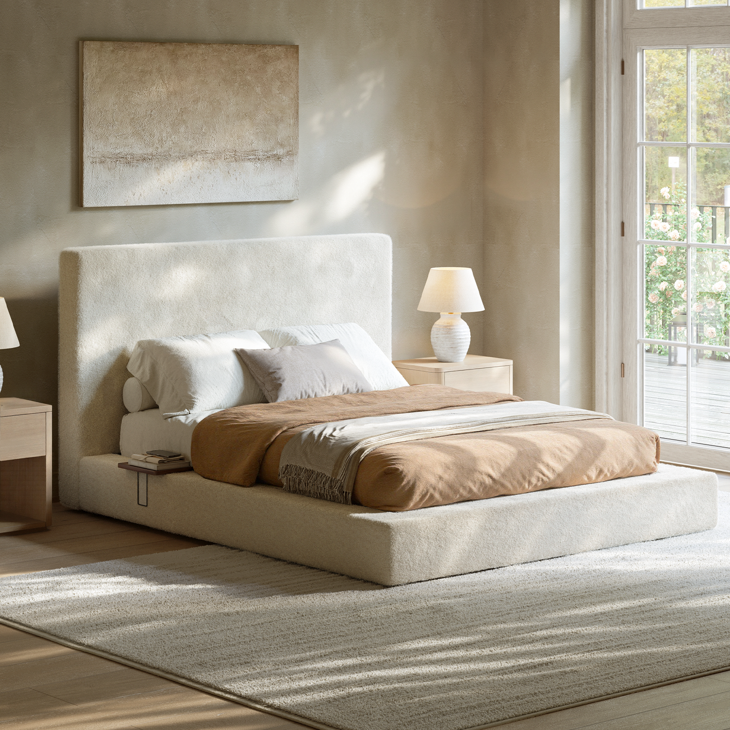 Evermagin White King Upholstered Bed Frame with Headboard,Soft Frame Cloud Bed with Adjust 2 Bedside Table,Modern Platform Cushion Bed Frame for Bedroom,No Box Spring Required, Easy Assembly
