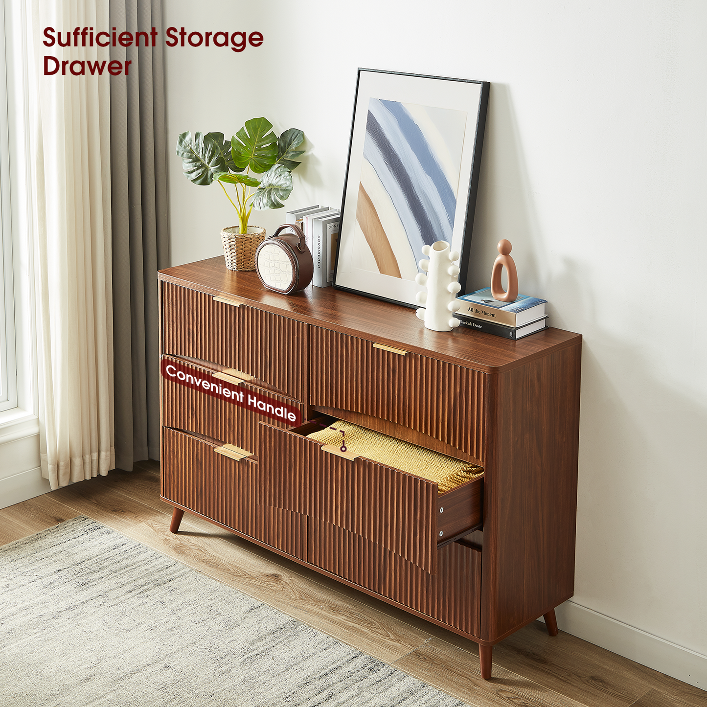 55" Wide Fluted 6 Drawer Dresser, Mid Century Modern Curved Dresser, Light Wood Chest of Drawers for Bedroom, Living Room and Entryway, Walnut