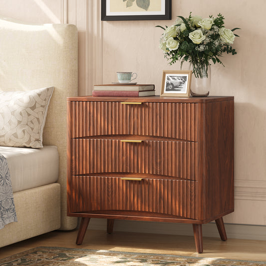 31.5W×29“H Large Fluted Nightstands Set of 2, 3 Drawer Light Wood Night Stand Bedside Table, Mid Century Modern Small Dresser for Bedroom, Natural Oak
