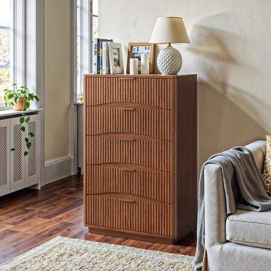 Evermagin Fluted 5 Drawers Dresser, 47" Tall Wooden Dressers Storage Organizer,Modern Chest of Drawers for Bedroom with Deep Storage, Living Room,Entryway, Walnut