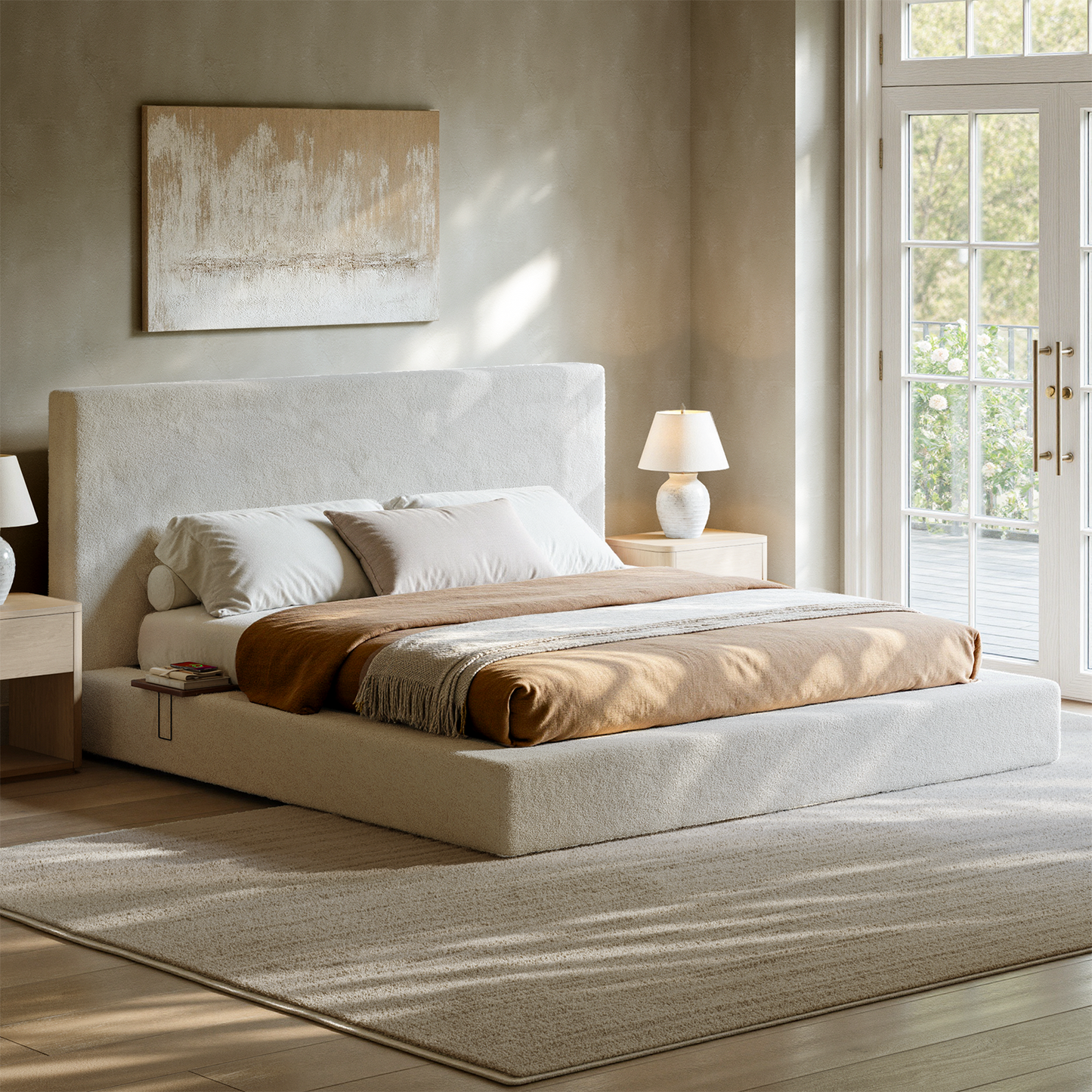Evermagin White King Upholstered Bed Frame with Headboard,Soft Frame Cloud Bed with Adjust 2 Bedside Table,Modern Platform Cushion Bed Frame for Bedroom,No Box Spring Required, Easy Assembly