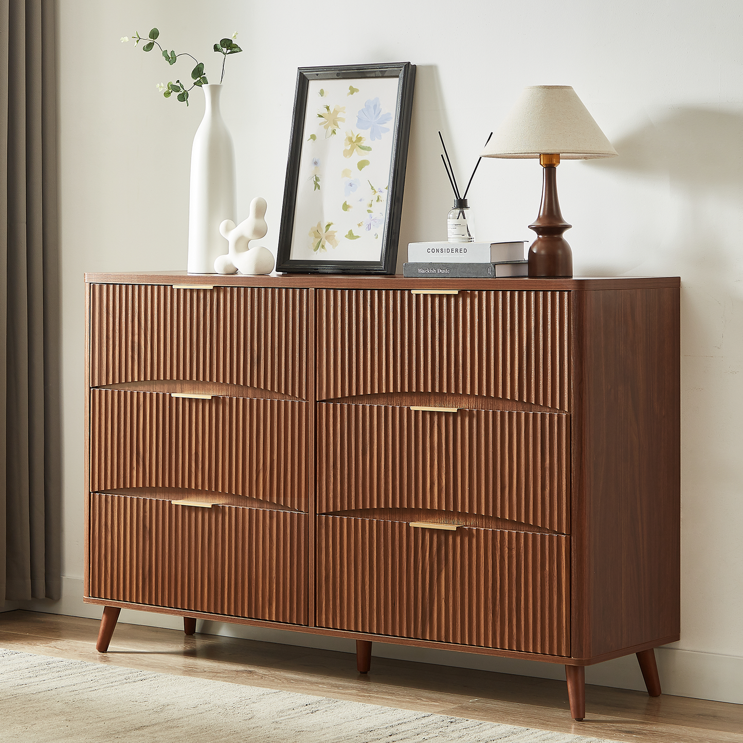 55" Wide Fluted 6 Drawer Dresser, Mid Century Modern Curved Dresser, Light Wood Chest of Drawers for Bedroom, Living Room and Entryway, Walnut