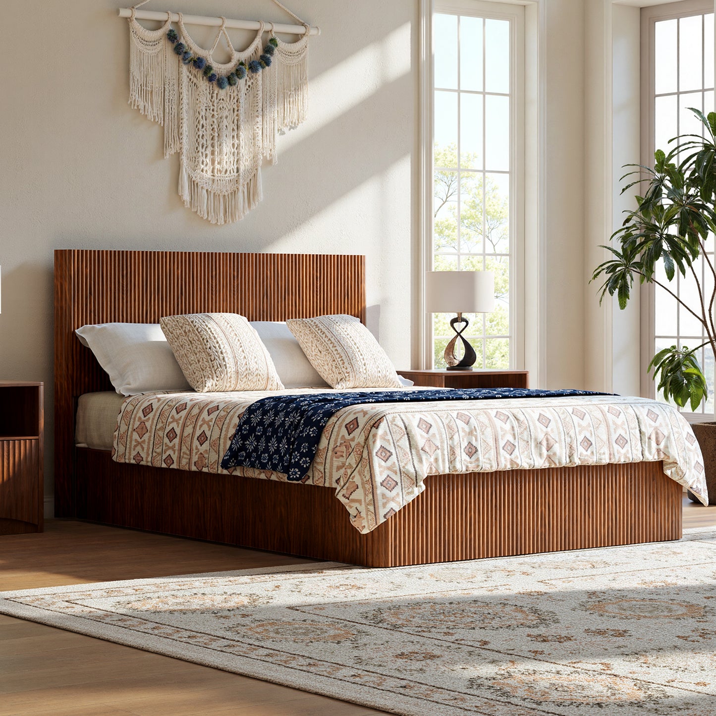 Evermagin Walnut Queen Lift Up Storage Bed Frame, Mid Century Modern Fluted Bed Frame, Wood Hydraulic Queen Size Bedframe with Headboard
