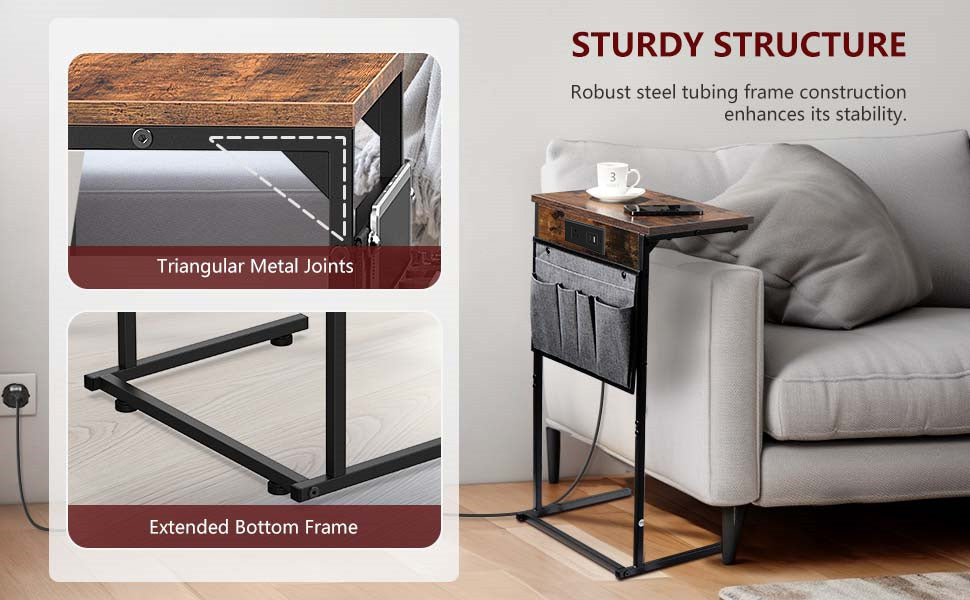 Evermagin C Shaped End Table with Charging Station, Small Side Table with Storage Bag for Couch and Recliner, Slide Under Sofa Tray for Living Room, Bedroom