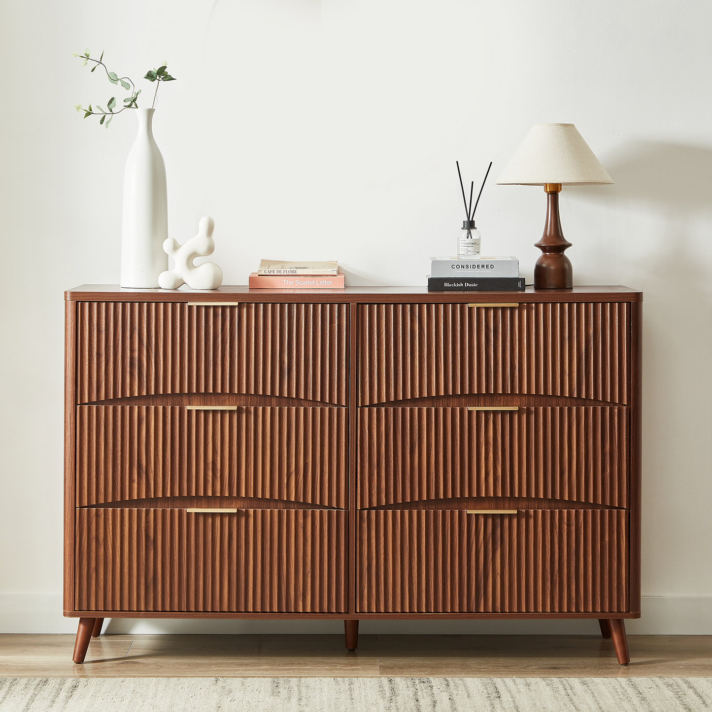 55" Wide Fluted 6 Drawer Dresser, Mid Century Modern Curved Dresser, Light Wood Chest of Drawers for Bedroom, Living Room and Entryway, Walnut