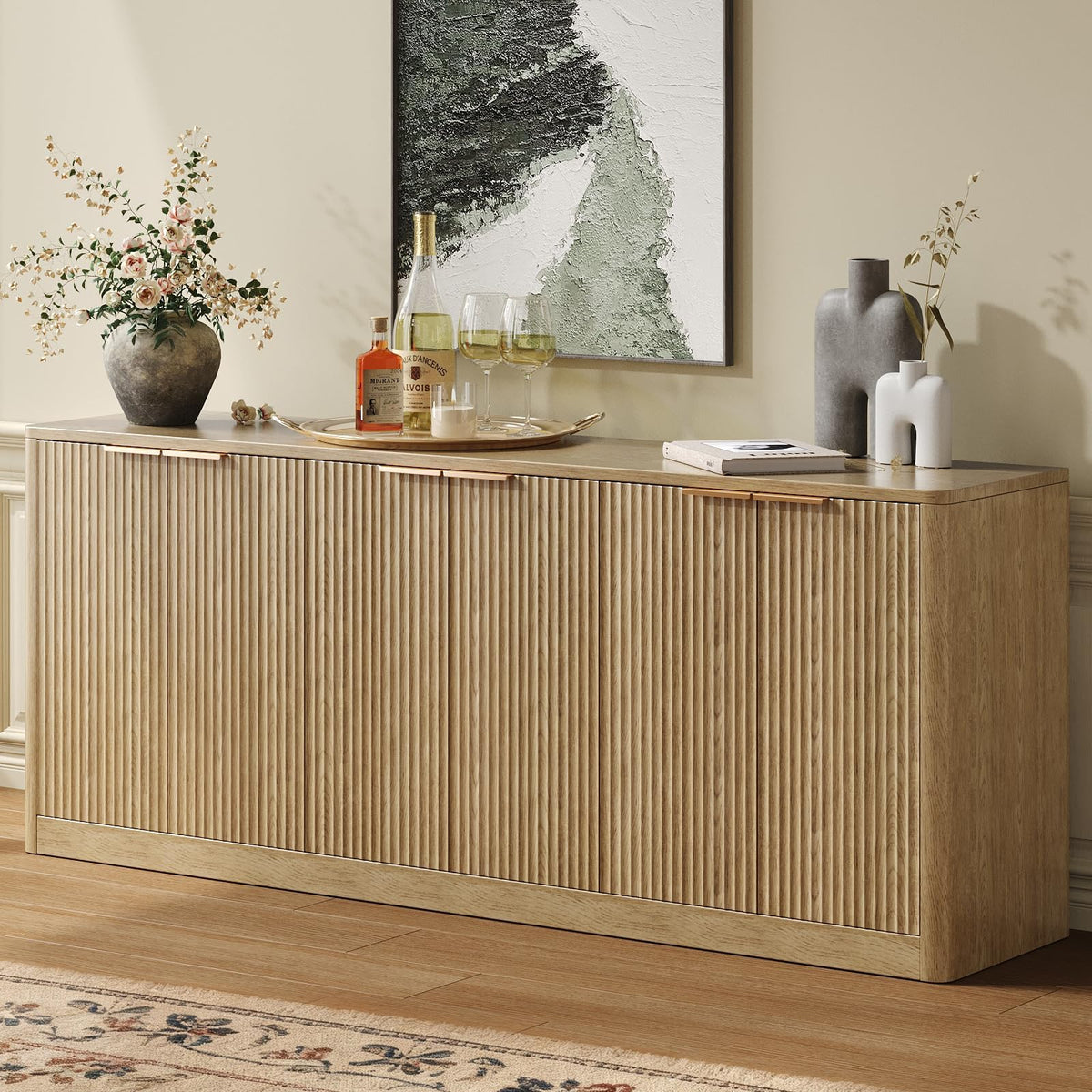 Evermagin 67" Fluted Oak Buffet Cabinet with Storage, Mid-century modern wood sideboard, large credenza with 6 doors for kitchen or living room, 67"W x 31.5"H x 15.7"D