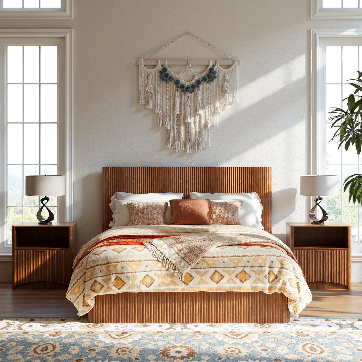 Evermagin Walnut Queen Lift Up Storage Bed Frame, Mid Century Modern Fluted Bed Frame, Wood Hydraulic Queen Size Bedframe with Headboard