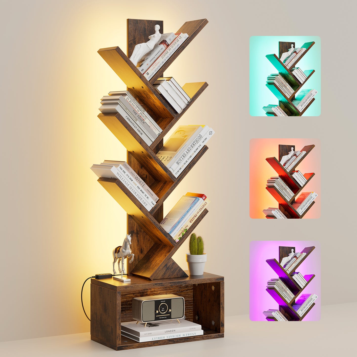 Evermagin 6 Tier Tree Bookshelf with Lights, LED Book Tree Bookcase with Storage Organizer, Small Corner Bookshelf Floor Standing Book Shelf for Living Room, Bedroom & Home Office