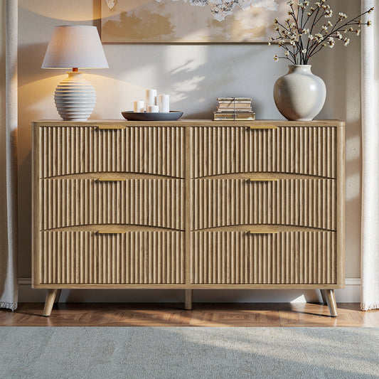 Evermagin 54" Wide Fluted 6 Drawer Dresser, Mid Century Modern Curved Dresser, Light Wood Chest of Drawers for Bedroom, Living Room and Entryway, Natural Oak