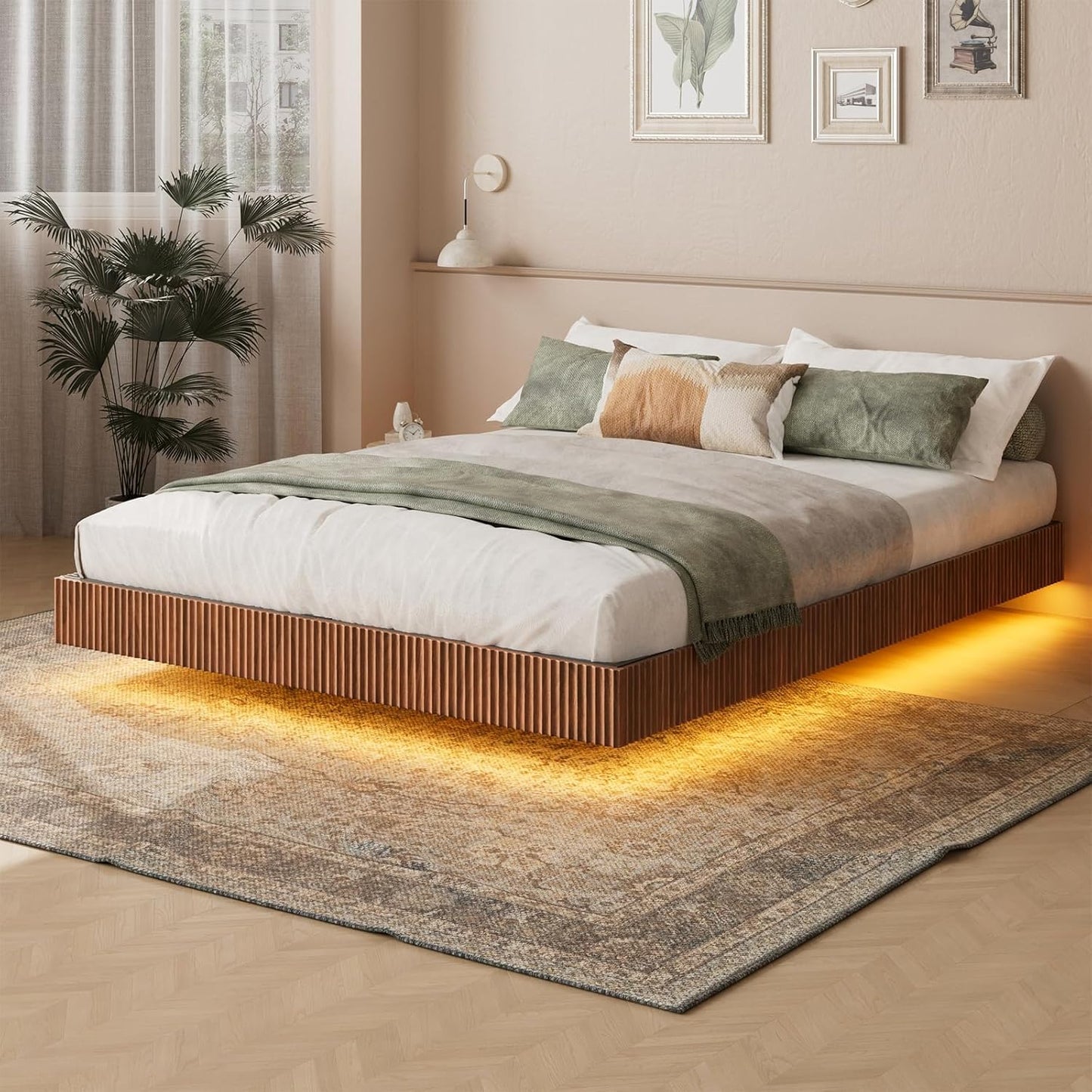 Walnut Queen Floating Bed Frame with led Lights, Mid Century Modern Fluted Floating Platform Bed No Headboard, Heavy Duty Metal Float Bedframe No Box Spring Needed