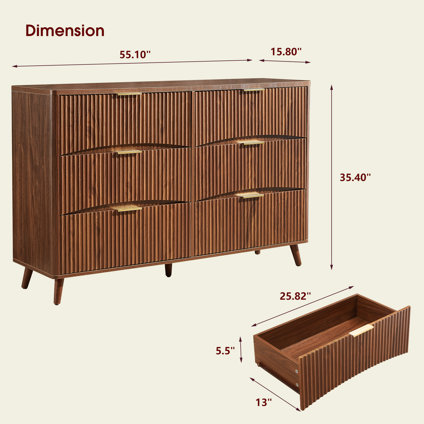 55" Wide Fluted 6 Drawer Dresser, Mid Century Modern Curved Dresser, Light Wood Chest of Drawers for Bedroom, Living Room and Entryway, Walnut