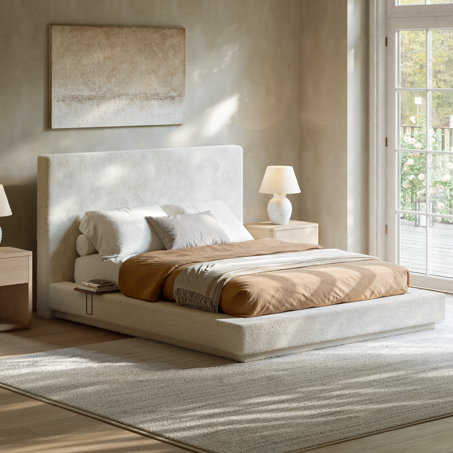 Evermagin White King Upholstered Bed Frame with Headboard,Soft Frame Cloud Bed with Adjust 2 Bedside Table,Modern Platform Cushion Bed Frame for Bedroom,No Box Spring Required, Easy Assembly