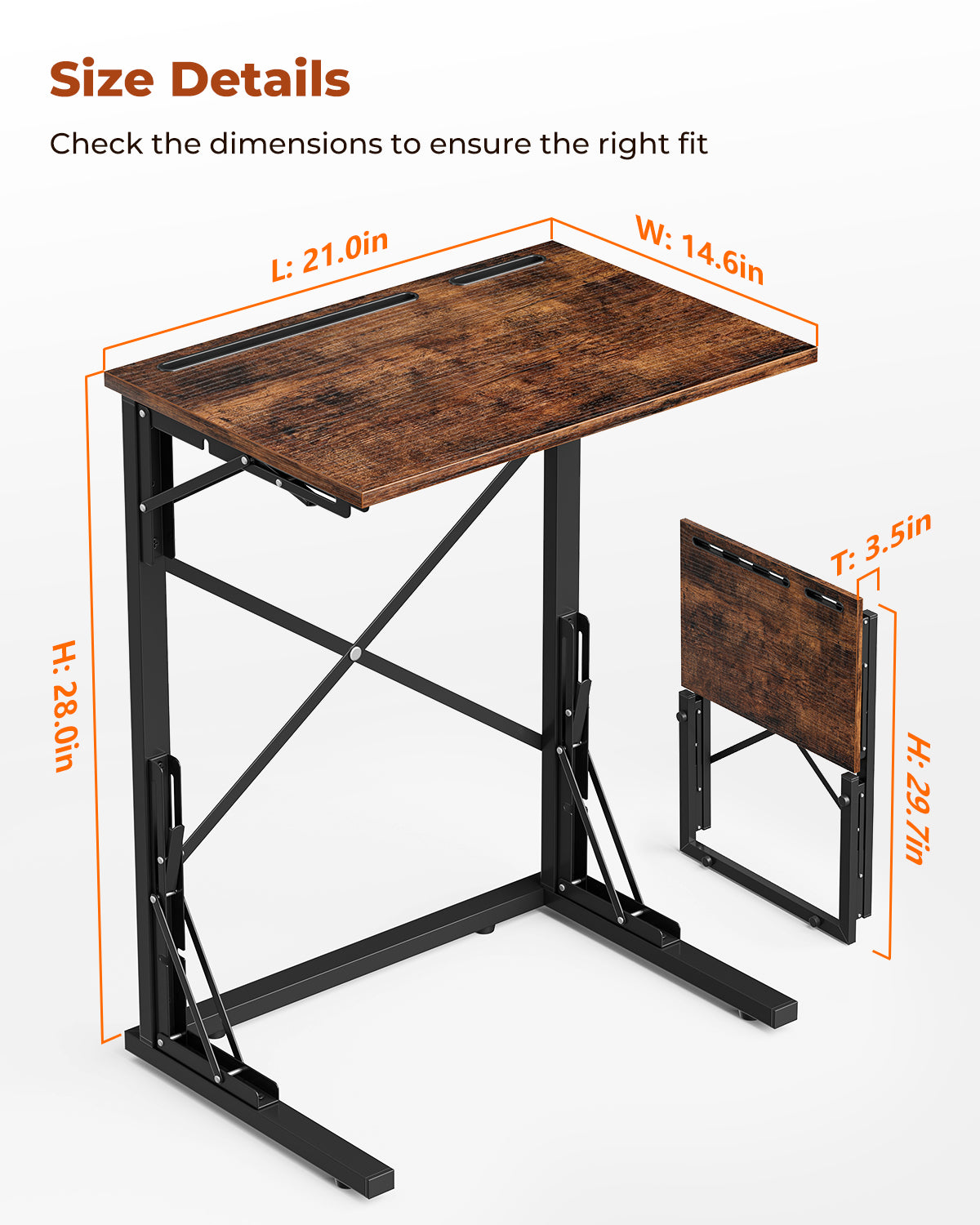 Folding TV Tray, Small Foldable C-Shaped End Table for Eating with Tablet and Phone Slots, Slide Under Couch Side Table for Recliner, Living Room, Bedroom, Rustic Brown