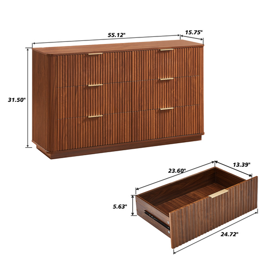 55" Walnut Fluted Dresser with 6 Drawers for Bedroom, Long Dresser TV Stand with Metal Handle, Wooden Modern Chest of Drawers with Curved Profile Design Organizer for Living Room and Hallway
