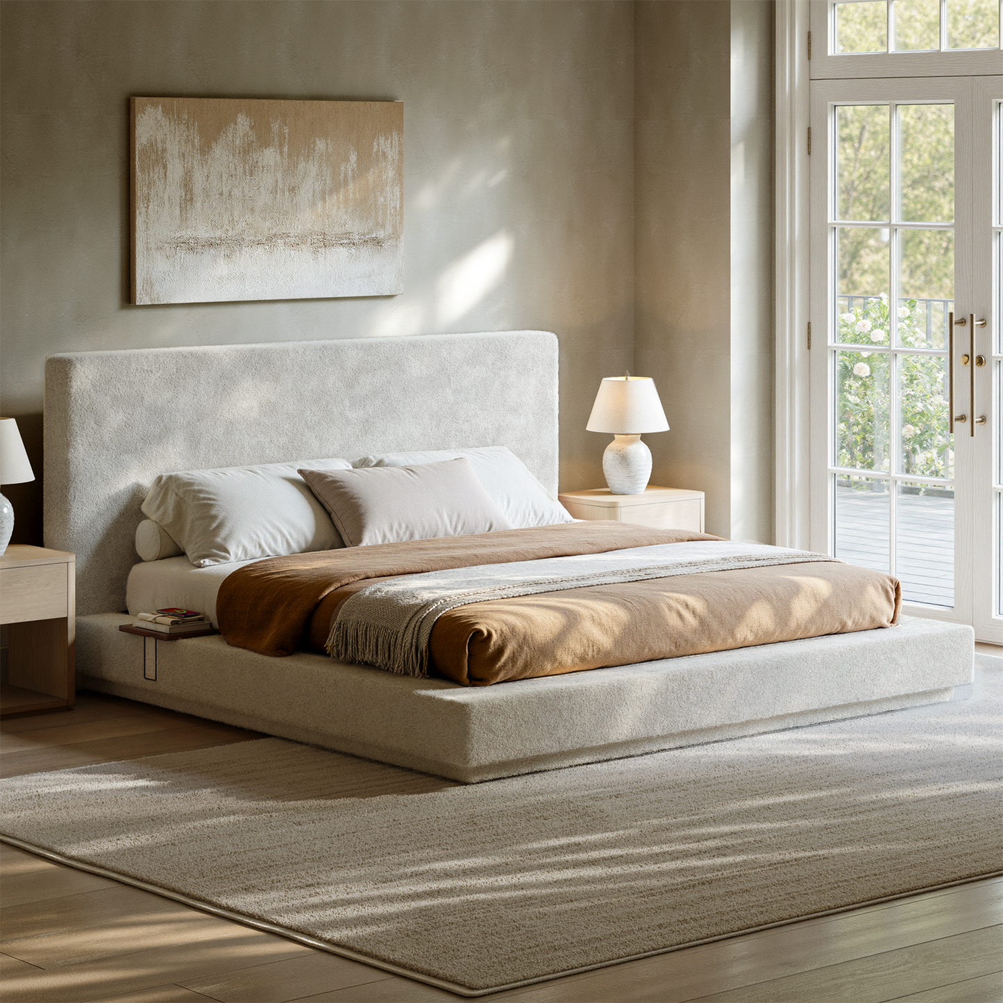Evermagin White King Upholstered Bed Frame with Headboard,Soft Frame Cloud Bed with Adjust 2 Bedside Table,Modern Platform Cushion Bed Frame for Bedroom,No Box Spring Required, Easy Assembly