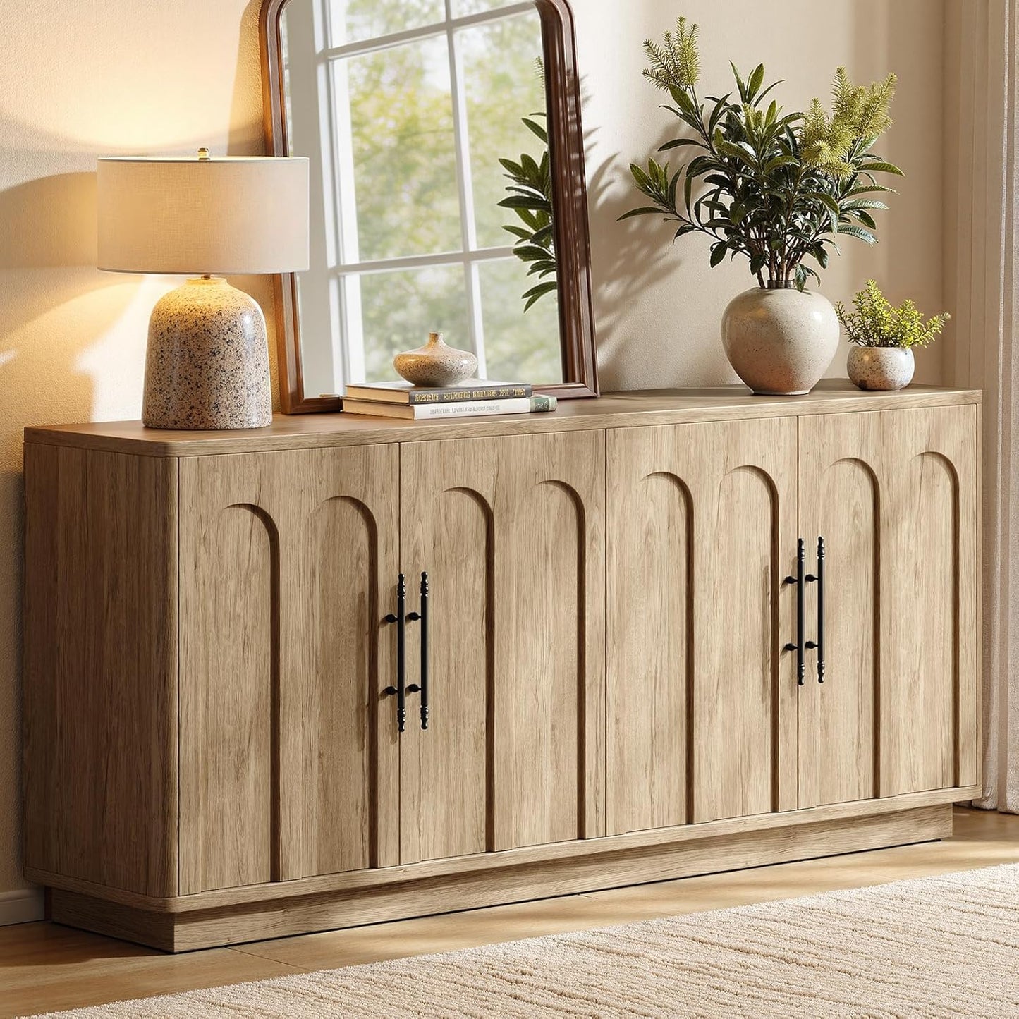 Evermagin 67" Arched Oak Buffet Cabinet with Storage, Large Credenza with 4 Doors, Wood Mid Century Modern Sideboard for Kitchen and Living Room (67"*31.5"*15.7")