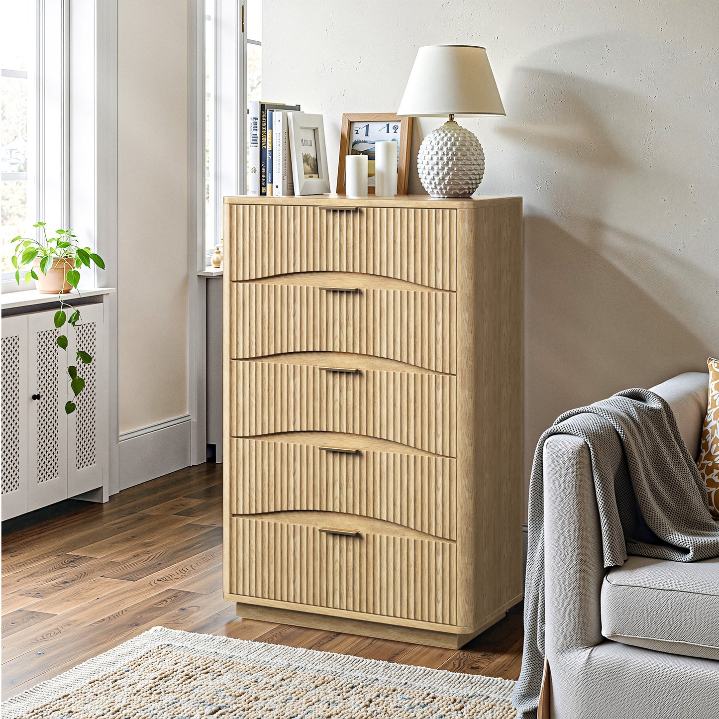 Evermagin Fluted 5 Drawers Dresser, 47" Tall Wooden Dressers Storage Organizer,Modern Chest of Drawers for Bedroom with Deep Storage, Living Room,Entryway, Natural Oak