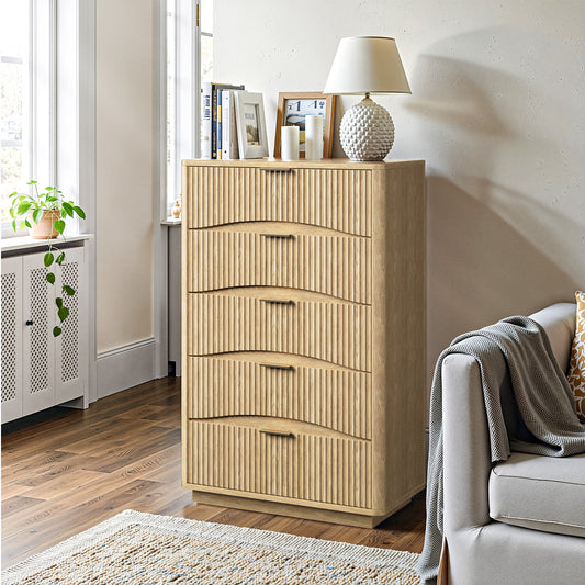 Evermagin Fluted 5 Drawers Dresser, 47" Tall Wooden Dressers Storage Organizer,Modern Chest of Drawers for Bedroom with Deep Storage, Living Room,Entryway, Natural Oak