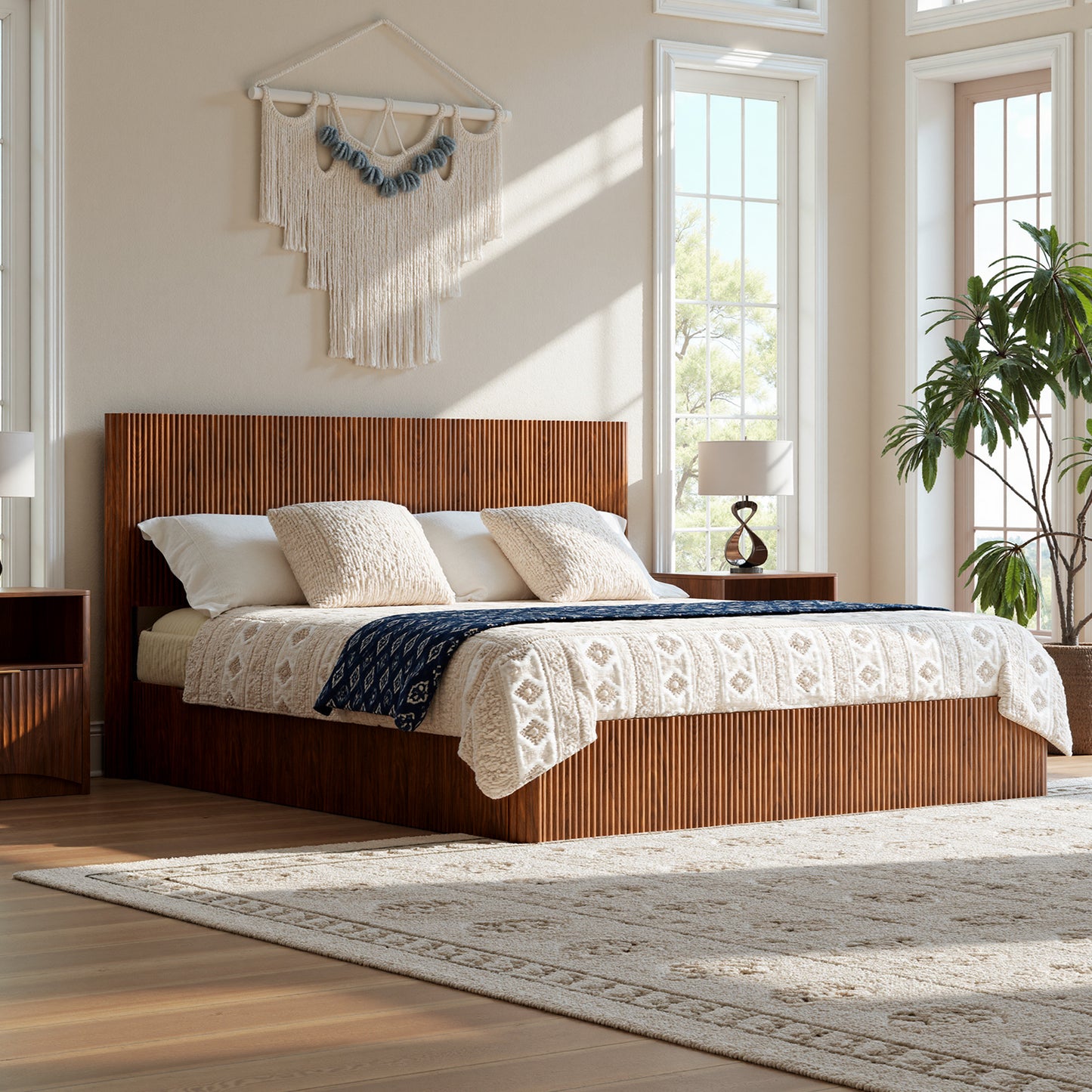 Evermagin Walnut King Lift Up Storage Bed Frame, Mid Century Modern Fluted Bed Frame, Wood Hydraulic King Size Bedframe with Headboard