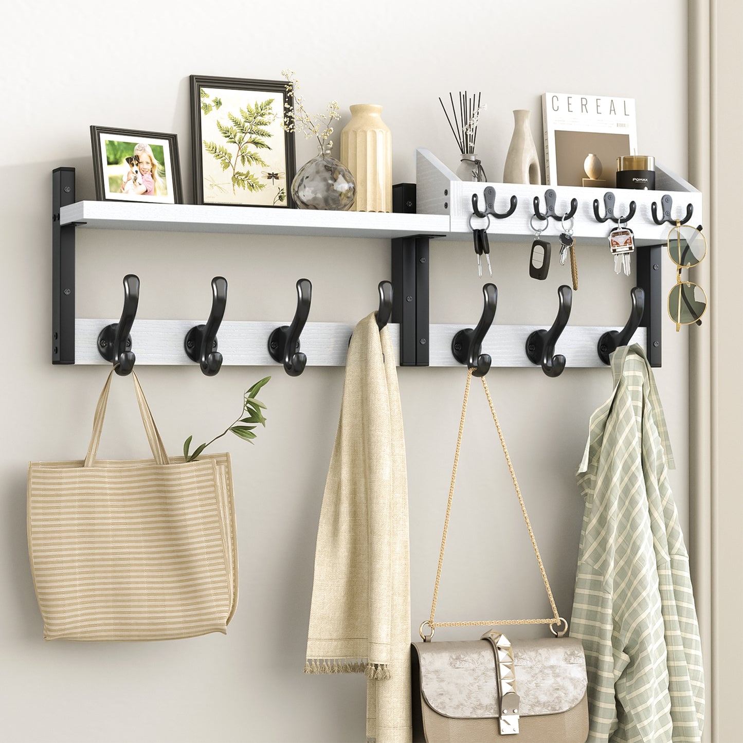 Evermagin 29" Coat Rack Wall Mount with Shelf, 4 in 1 Coat and Key Hanger with 11 Metal Hooks, Entryway Wall Mounted Shelf with Mail Holder for Living Room, Bedroom