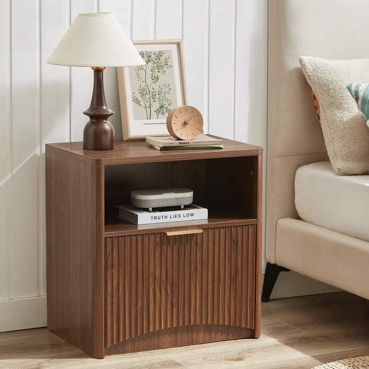 Fluted Nightstand Set of 2, Natural Oak Bedside Table with Drawer and Storage, Wood End Table Mid Century Modern, Large Night Stand for Bedroom